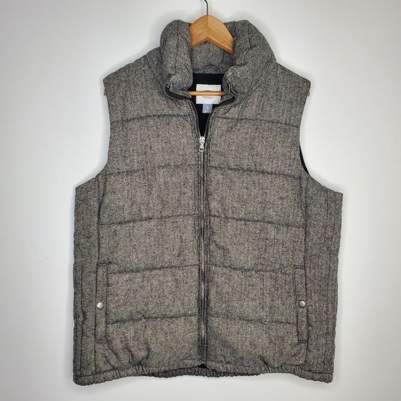 Old Navy Grey Herringbone Quilted Tweed Fleece Lined Wool Puffer Vest Size XL - Picture 1 of 5
